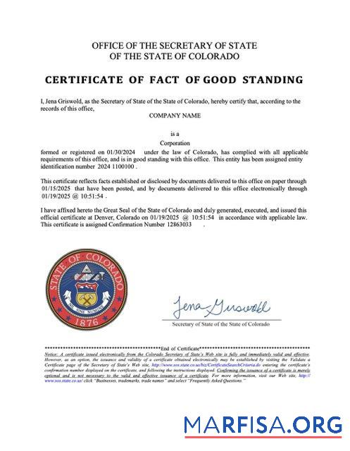 Downloadable USA Colorado certificate of fact of good standing Word and PDF template